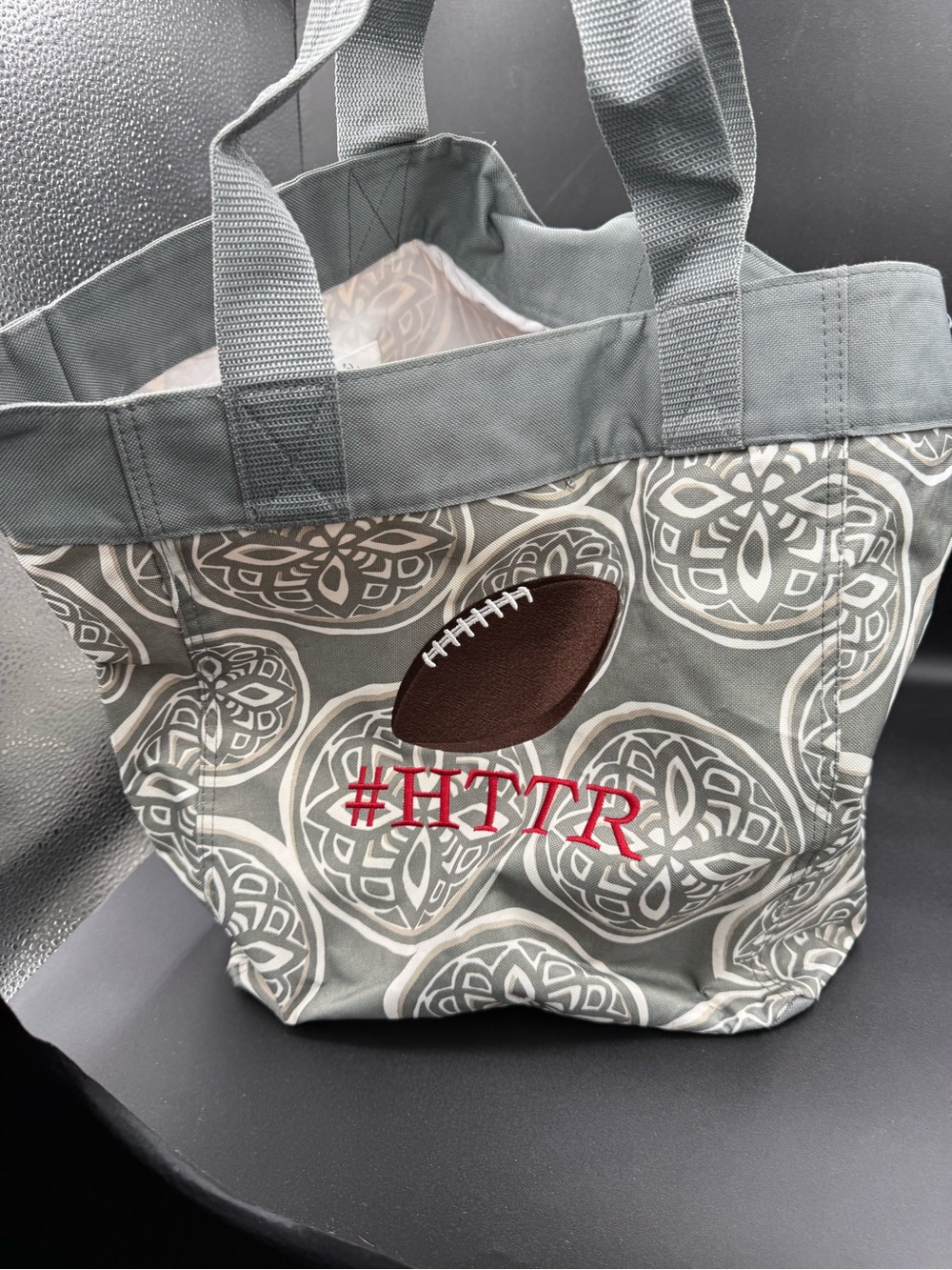 thirty-one Gray Patterned Tote with Football Applique and Red Embroidery